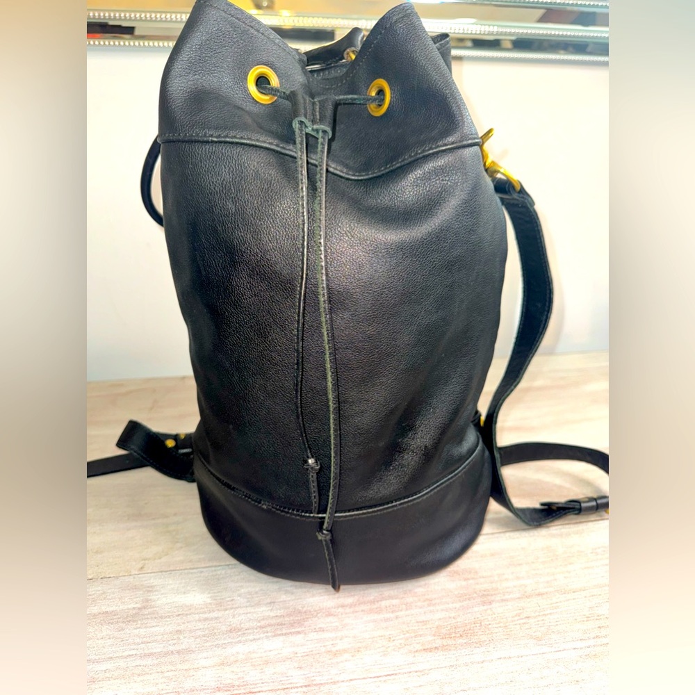 VTG Large Rucksack Black Leather Drawstring Backpack Purse Bag